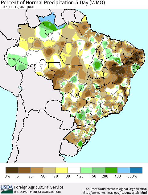 Brazil Percent of Normal Precipitation 5-Day (WMO) Thematic Map For 1/11/2023 - 1/15/2023