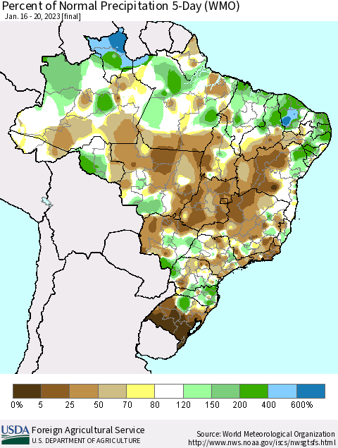 Brazil Percent of Normal Precipitation 5-Day (WMO) Thematic Map For 1/16/2023 - 1/20/2023