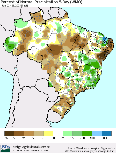 Brazil Percent of Normal Precipitation 5-Day (WMO) Thematic Map For 1/21/2023 - 1/25/2023