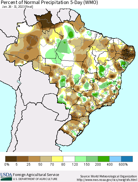 Brazil Percent of Normal Precipitation 5-Day (WMO) Thematic Map For 1/26/2023 - 1/31/2023