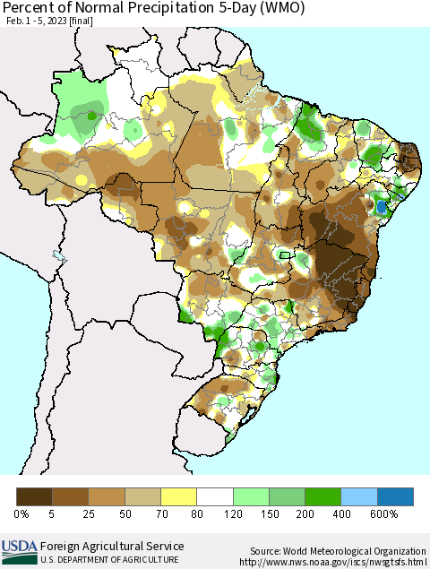 Brazil Percent of Normal Precipitation 5-Day (WMO) Thematic Map For 2/1/2023 - 2/5/2023