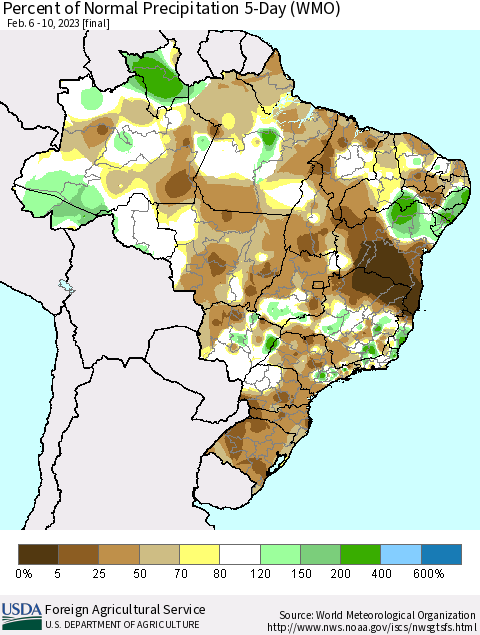 Brazil Percent of Normal Precipitation 5-Day (WMO) Thematic Map For 2/6/2023 - 2/10/2023