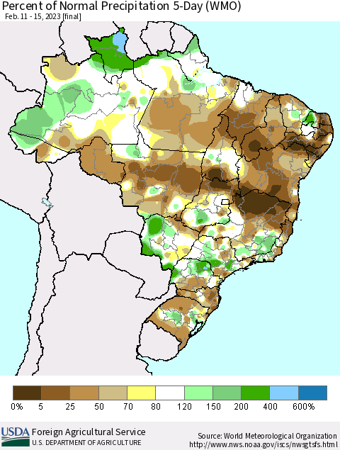 Brazil Percent of Normal Precipitation 5-Day (WMO) Thematic Map For 2/11/2023 - 2/15/2023