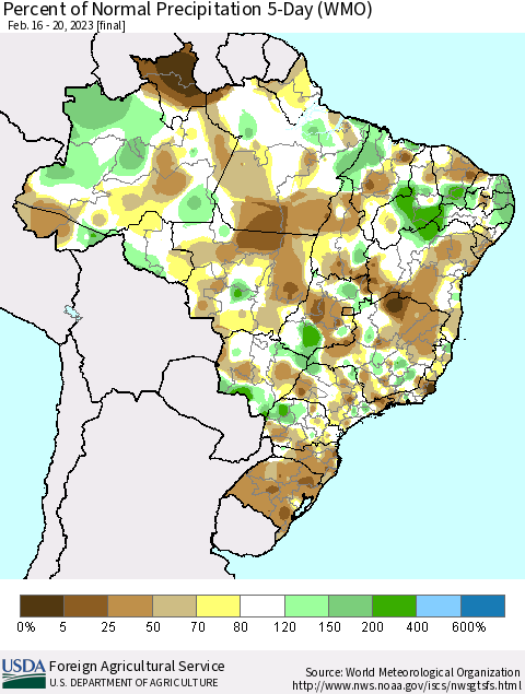 Brazil Percent of Normal Precipitation 5-Day (WMO) Thematic Map For 2/16/2023 - 2/20/2023