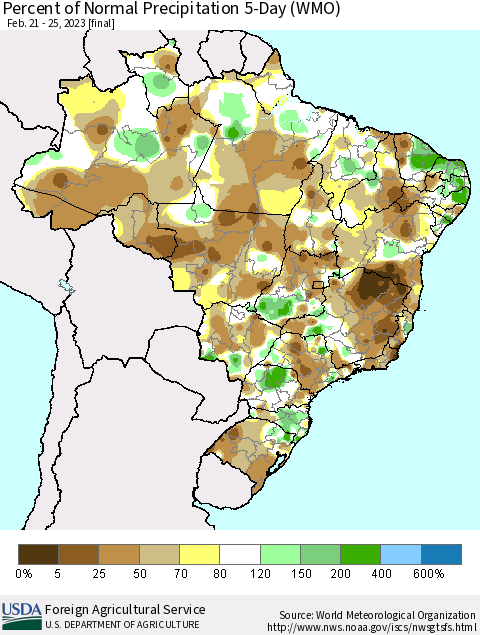 Brazil Percent of Normal Precipitation 5-Day (WMO) Thematic Map For 2/21/2023 - 2/25/2023