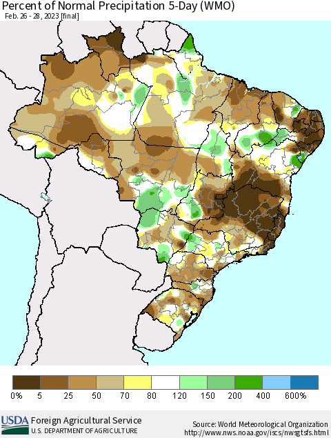 Brazil Percent of Normal Precipitation 5-Day (WMO) Thematic Map For 2/26/2023 - 2/28/2023