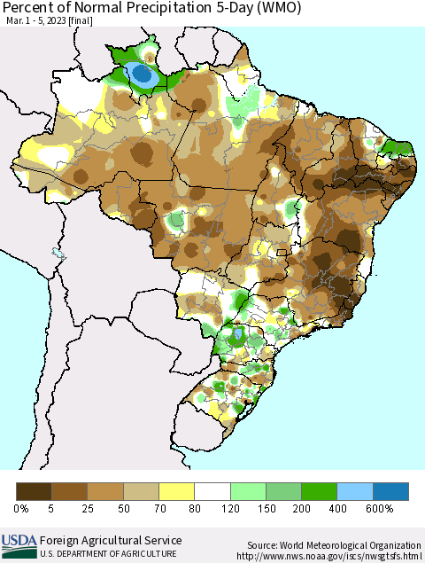 Brazil Percent of Normal Precipitation 5-Day (WMO) Thematic Map For 3/1/2023 - 3/5/2023