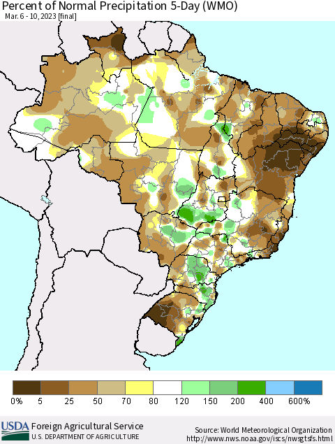 Brazil Percent of Normal Precipitation 5-Day (WMO) Thematic Map For 3/6/2023 - 3/10/2023