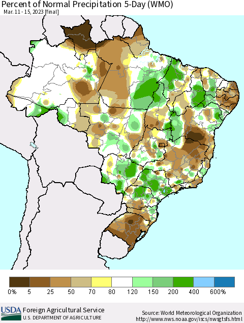 Brazil Percent of Normal Precipitation 5-Day (WMO) Thematic Map For 3/11/2023 - 3/15/2023