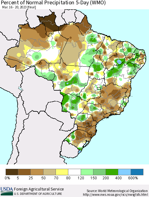 Brazil Percent of Normal Precipitation 5-Day (WMO) Thematic Map For 3/16/2023 - 3/20/2023