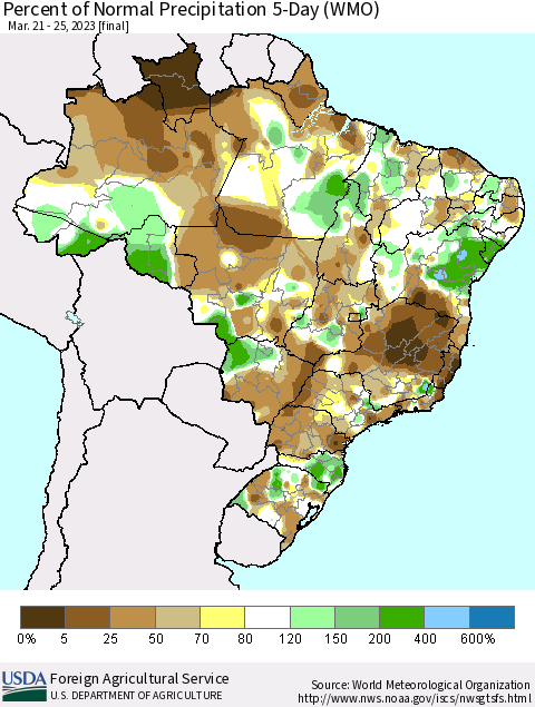 Brazil Percent of Normal Precipitation 5-Day (WMO) Thematic Map For 3/21/2023 - 3/25/2023