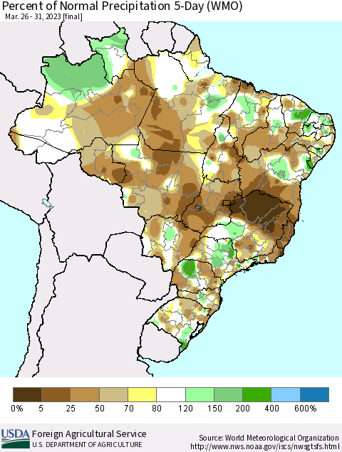 Brazil Percent of Normal Precipitation 5-Day (WMO) Thematic Map For 3/26/2023 - 3/31/2023