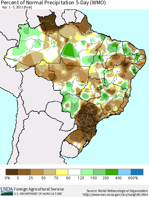 Brazil Percent of Normal Precipitation 5-Day (WMO) Thematic Map For 4/1/2023 - 4/5/2023