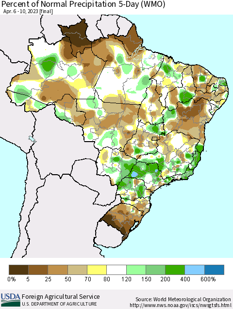 Brazil Percent of Normal Precipitation 5-Day (WMO) Thematic Map For 4/6/2023 - 4/10/2023