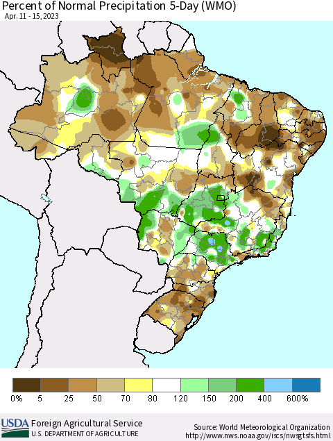 Brazil Percent of Normal Precipitation 5-Day (WMO) Thematic Map For 4/11/2023 - 4/15/2023