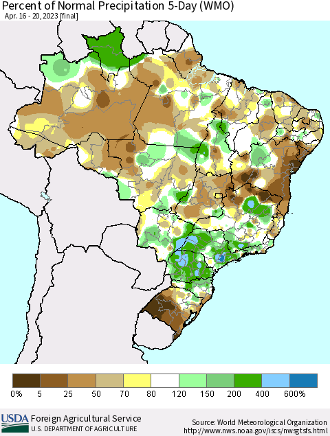 Brazil Percent of Normal Precipitation 5-Day (WMO) Thematic Map For 4/16/2023 - 4/20/2023