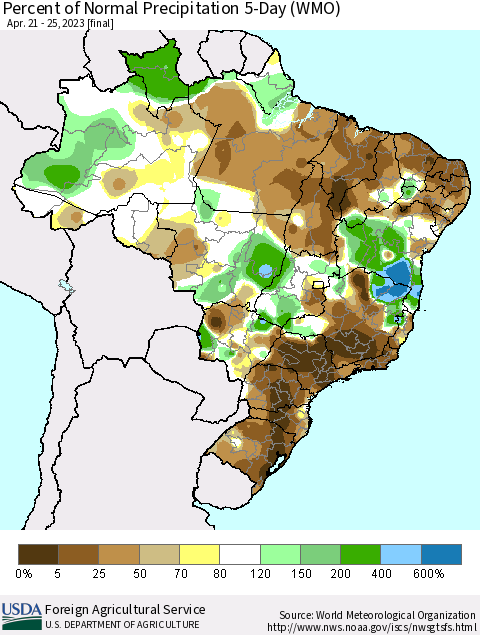 Brazil Percent of Normal Precipitation 5-Day (WMO) Thematic Map For 4/21/2023 - 4/25/2023