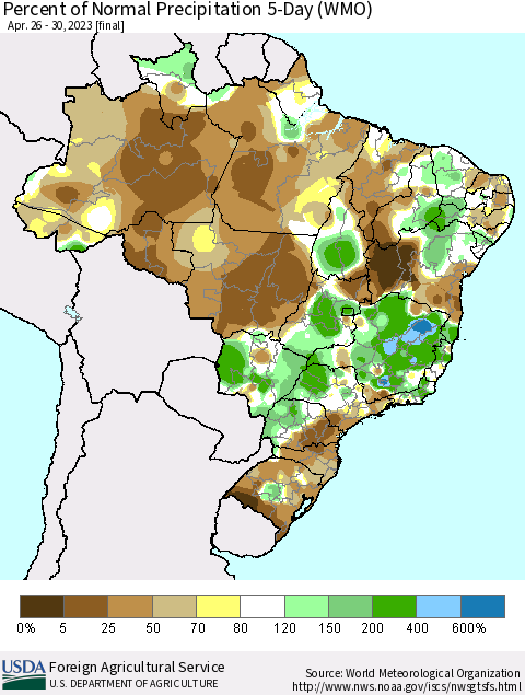 Brazil Percent of Normal Precipitation 5-Day (WMO) Thematic Map For 4/26/2023 - 4/30/2023