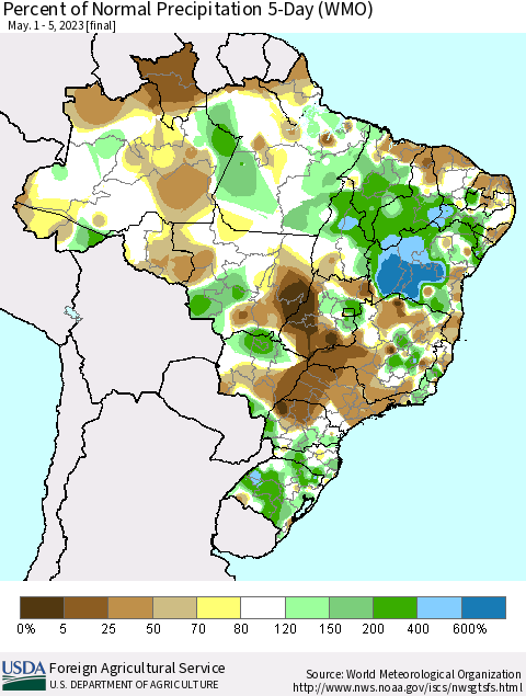 Brazil Percent of Normal Precipitation 5-Day (WMO) Thematic Map For 5/1/2023 - 5/5/2023