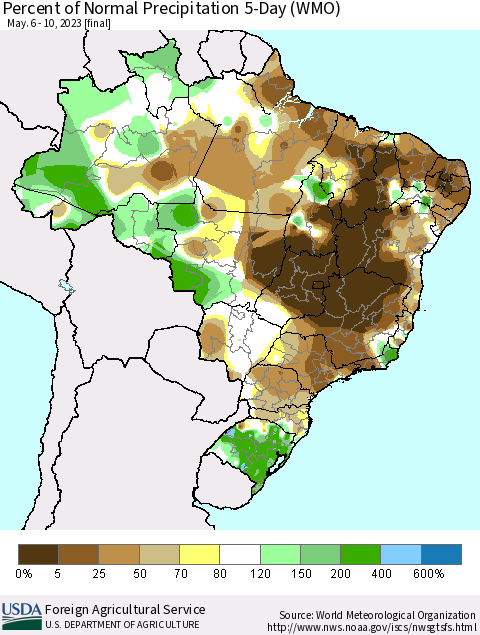 Brazil Percent of Normal Precipitation 5-Day (WMO) Thematic Map For 5/6/2023 - 5/10/2023