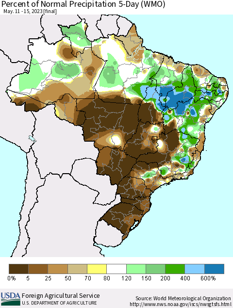Brazil Percent of Normal Precipitation 5-Day (WMO) Thematic Map For 5/11/2023 - 5/15/2023