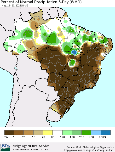 Brazil Percent of Normal Precipitation 5-Day (WMO) Thematic Map For 5/16/2023 - 5/20/2023