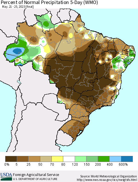 Brazil Percent of Normal Precipitation 5-Day (WMO) Thematic Map For 5/21/2023 - 5/25/2023