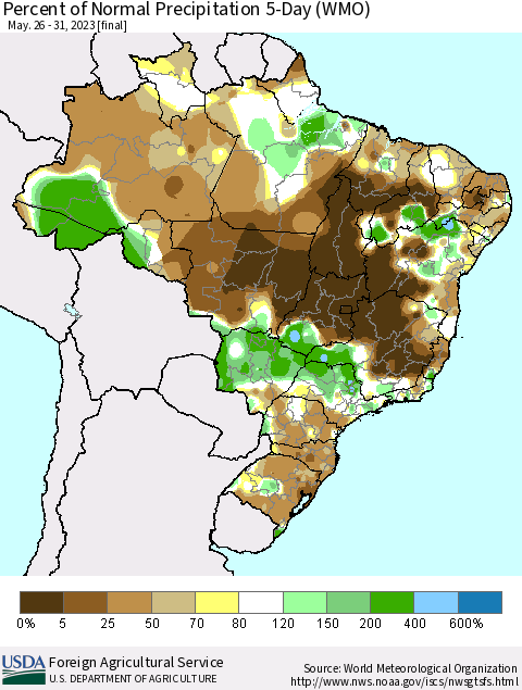 Brazil Percent of Normal Precipitation 5-Day (WMO) Thematic Map For 5/26/2023 - 5/31/2023