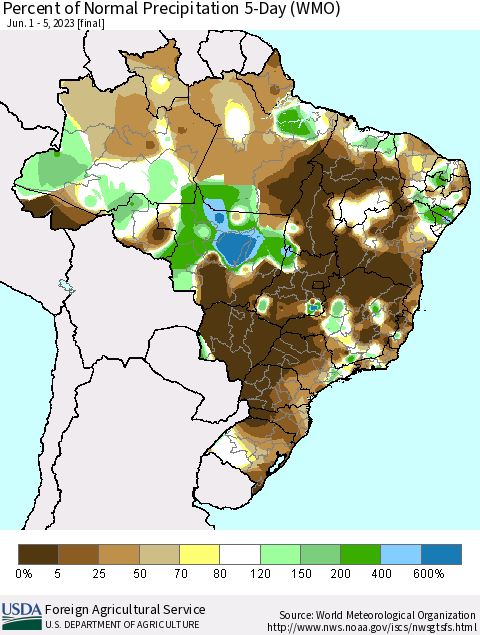 Brazil Percent of Normal Precipitation 5-Day (WMO) Thematic Map For 6/1/2023 - 6/5/2023