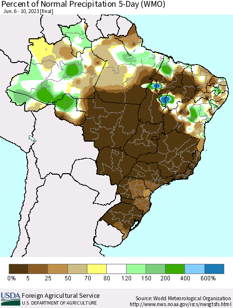 Brazil Percent of Normal Precipitation 5-Day (WMO) Thematic Map For 6/6/2023 - 6/10/2023