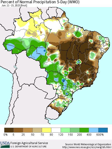 Brazil Percent of Normal Precipitation 5-Day (WMO) Thematic Map For 6/11/2023 - 6/15/2023