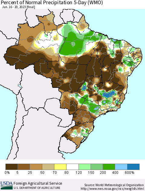 Brazil Percent of Normal Precipitation 5-Day (WMO) Thematic Map For 6/16/2023 - 6/20/2023