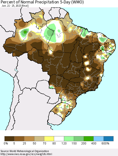 Brazil Percent of Normal Precipitation 5-Day (WMO) Thematic Map For 6/21/2023 - 6/25/2023