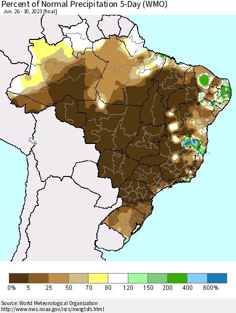 Brazil Percent of Normal Precipitation 5-Day (WMO) Thematic Map For 6/26/2023 - 6/30/2023