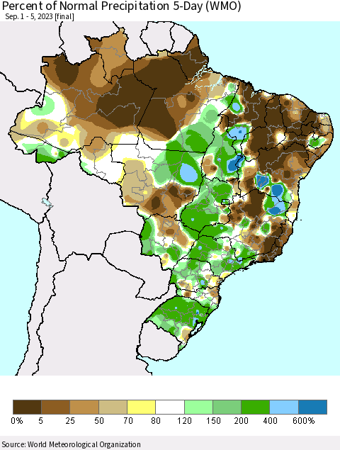 Brazil Percent of Normal Precipitation 5-Day (WMO) Thematic Map For 9/1/2023 - 9/5/2023