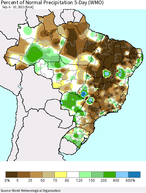 Brazil Percent of Normal Precipitation 5-Day (WMO) Thematic Map For 9/6/2023 - 9/10/2023
