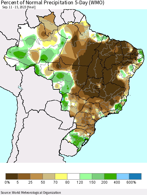 Brazil Percent of Normal Precipitation 5-Day (WMO) Thematic Map For 9/11/2023 - 9/15/2023