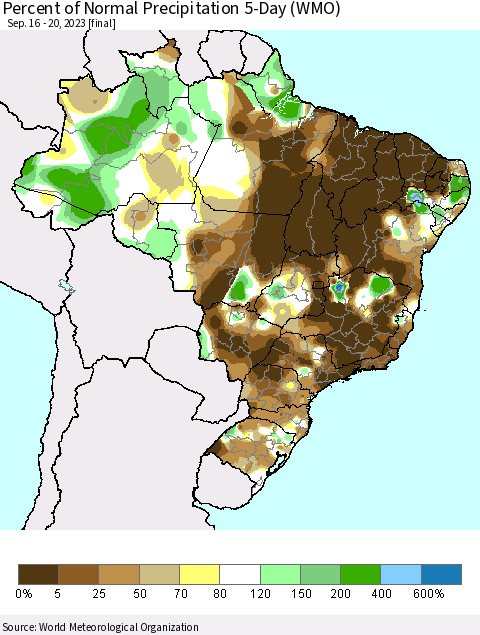 Brazil Percent of Normal Precipitation 5-Day (WMO) Thematic Map For 9/16/2023 - 9/20/2023