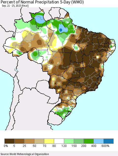 Brazil Percent of Normal Precipitation 5-Day (WMO) Thematic Map For 9/21/2023 - 9/25/2023