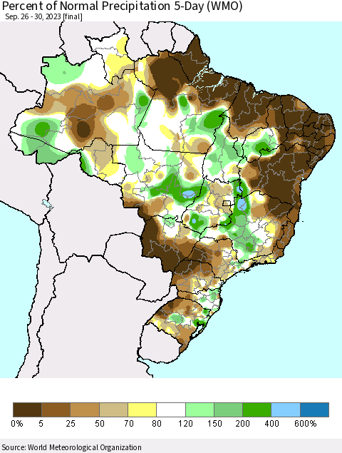 Brazil Percent of Normal Precipitation 5-Day (WMO) Thematic Map For 9/26/2023 - 9/30/2023