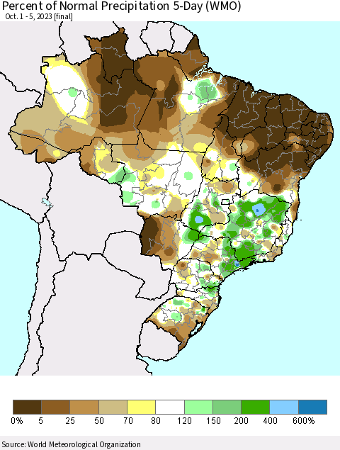 Brazil Percent of Normal Precipitation 5-Day (WMO) Thematic Map For 10/1/2023 - 10/5/2023