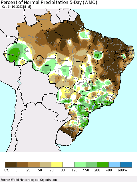 Brazil Percent of Normal Precipitation 5-Day (WMO) Thematic Map For 10/6/2023 - 10/10/2023