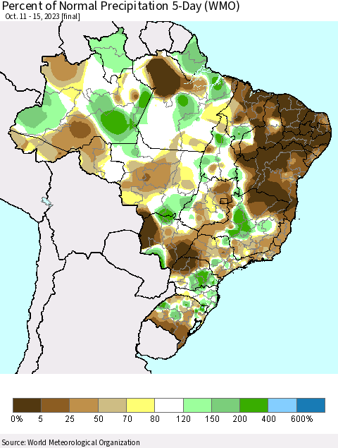 Brazil Percent of Normal Precipitation 5-Day (WMO) Thematic Map For 10/11/2023 - 10/15/2023