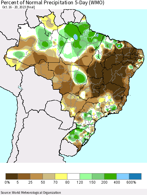 Brazil Percent of Normal Precipitation 5-Day (WMO) Thematic Map For 10/16/2023 - 10/20/2023