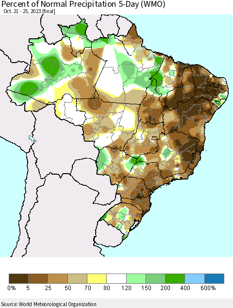 Brazil Percent of Normal Precipitation 5-Day (WMO) Thematic Map For 10/21/2023 - 10/25/2023