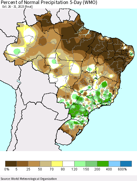 Brazil Percent of Normal Precipitation 5-Day (WMO) Thematic Map For 10/26/2023 - 10/31/2023