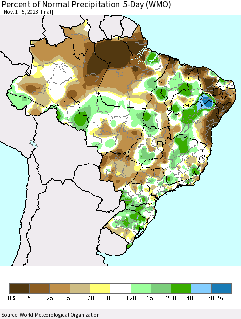 Brazil Percent of Normal Precipitation 5-Day (WMO) Thematic Map For 11/1/2023 - 11/5/2023