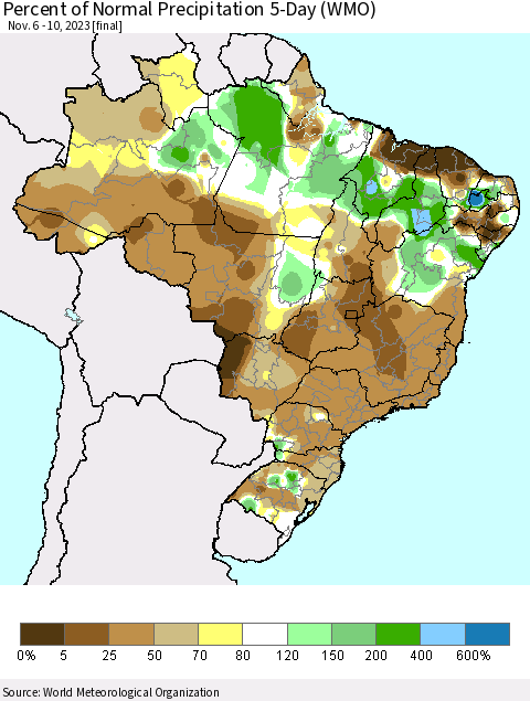 Brazil Percent of Normal Precipitation 5-Day (WMO) Thematic Map For 11/6/2023 - 11/10/2023