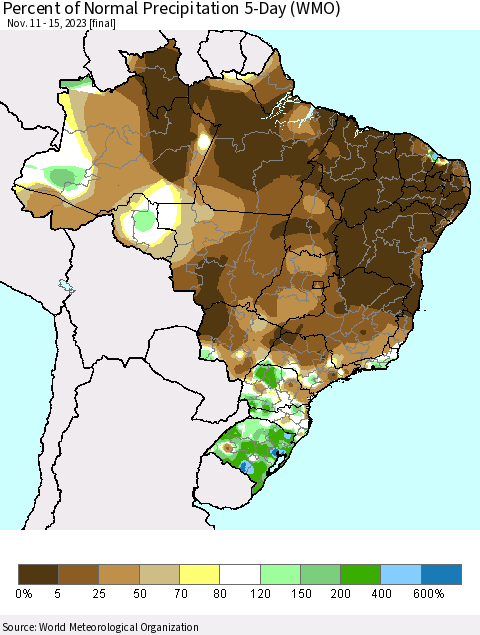 Brazil Percent of Normal Precipitation 5-Day (WMO) Thematic Map For 11/11/2023 - 11/15/2023