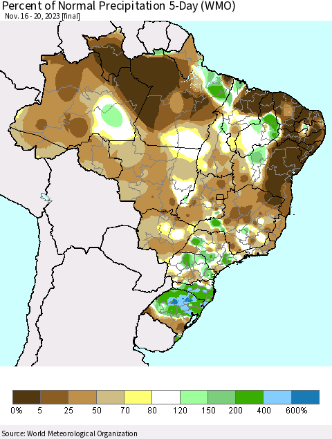Brazil Percent of Normal Precipitation 5-Day (WMO) Thematic Map For 11/16/2023 - 11/20/2023